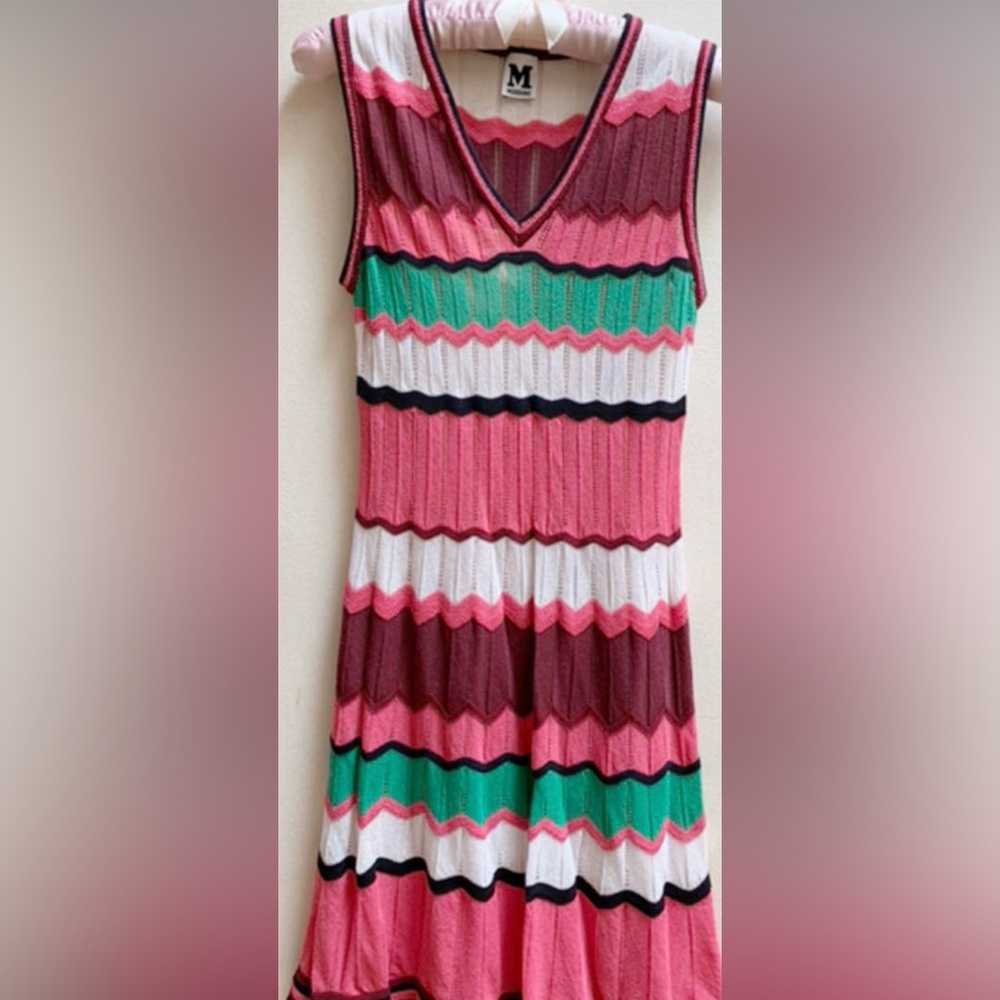 M Missoni pink green white stretchy cotton blend sweater dress size 38 w slip